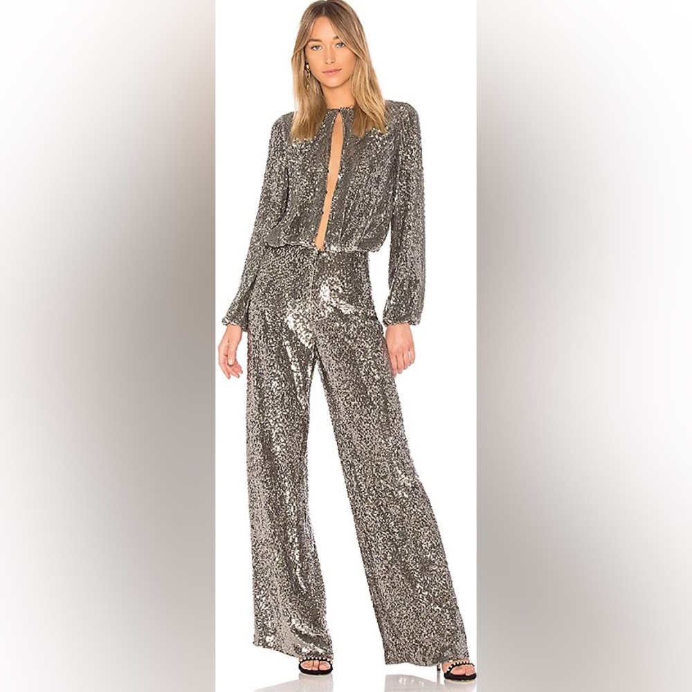 ALEXIS “Zeda” gunmetal sequin keyhole holiday party jumpsuit catsuit XS